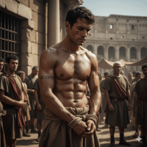 Un'immagine che ritrae un prigioniero o uno schiavo nel mondo greco-romano, con un tatuaggio visibile sul corpo (ad esempio, un simbolo o una scritta semplice) che indica il suo status o una condanna. L'ambiente è quello di un'arena, un mercato di schiavi o una prigione, con un'atmosfera che sottolinea la connotazione negativa del tatuaggio in queste società.