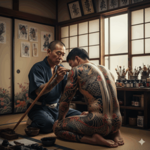Un'immagine che mostra un maestro tatuatore (horishi) giapponese che lavora con la tecnica tradizionale Tebori (a mano libera, senza macchinetta) su un cliente. Il tatuaggio è un intricato Irezumi a corpo pieno, con motivi classici come draghi, koi, fiori di ciliegio o onde. L'ambiente è un dojo o uno studio tradizionale giapponese, con un'atmosfera di calma e meticolosità artistica.