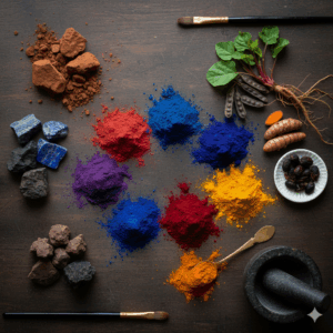 Ecco un'immagine che rappresenta "Le Radici del Colore: Origine e Classificazione dei Pigmenti", mostrando sia elementi minerali che vegetali da cui si estraggono i colori, insieme alle polveri pure.