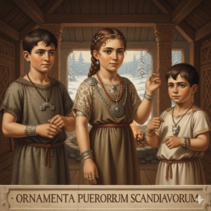 Ecco un'immagine che rappresenta bambini vichinghi con gioielli, in un contesto educativo e rispettoso, per illustrare l'uso di collane, amuleti e braccialetti nell'antica Scandinavia