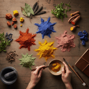 Ecco un'immagine che evoca l'idea de "Il Ritorno ai Colori della Terra", con un tocco di natura e materiali grezzi che richiamano l'autenticità dei pigmenti naturali.