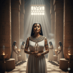 Un'immagine che evoca l'Antico Egitto, mostrando una sacerdotessa o una donna di alto rango con delicati tatuaggi geometrici o simbolici (come punti o piccole figure) sul corpo, in un contesto che richiama i templi o i riti dell'epoca.