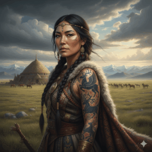 Un'immagine ispirata alla "Principessa di Ukok" o a un guerriero Pazyryk, con tatuaggi elaborati raffiguranti animali stilizzati (cervi, grifoni) sul braccio o sulla spalla, in uno stile che riflette l'arte scita e il paesaggio della steppa siberiana.