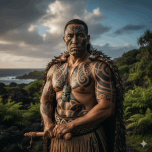 Un ritratto di un guerriero Maori con un intricato Moko facciale e corporeo. L'immagine dovrebbe catturare la dignità e la forza, con i complessi disegni a spirale e curvilinei che raccontano la storia del suo lignaggio.