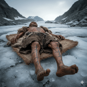 Una rappresentazione di Ötzi, l'uomo del ghiaccio, con i suoi tatuaggi terapeutici lineari e a croce, visibili sulla sua pelle mummificata. L'immagine lo mostra in un ambiente alpino e preistorico, con un'atmosfera antica e misteriosa.