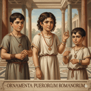 Ecco un'immagine che rappresenta bambini romani con gioielli, in un contesto educativo e rispettoso, per illustrare l'uso di collane, amuleti e braccialetti nell'antica Roma 
