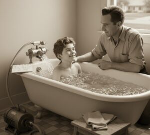 L'origine della vasca idromassaggio Jacuzzi: un gesto d’amore Candido Jacuzzi e suo figli immerso nella vasca idromassaggio