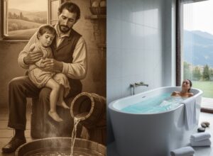 L'origine della vasca idromassaggio Jacuzzi: un gesto d’amore Sinistra: candido Jacuzzi con in braccio suo figlio prima di immergerlo nella vasca idromassaggio Destra: Donna immersa in una moderna vasca idromassaggio