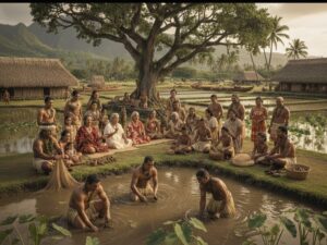 Ohana: il significato profondo della famiglia che scegli con il cuore Rituale hawaiano con albero e capanna tradizionali