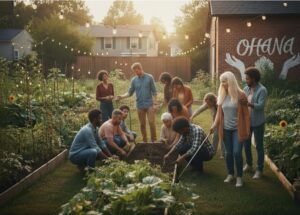 Ohana: il significato profondo della famiglia che scegli con il cuore Gruppo di amici che sta piantando fiori in un'aiuola con ragazza non vedente e la sua accompagnatrice 