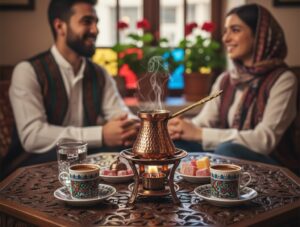 Tipi di caffè nel mondo Tavolo con dolci turchi e tazzine, su un piccolo fuoco un contenitore di metallo per il caffè alla turca