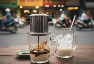 Tipi di caffè nel mondo filtro di metallo vietnamita su tazza con caffè che cola