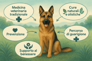 Cure naturali olistiche per animali: guida al benessere integrato Pastore tedesco con attorno alcuni aspetti dell'approccio integrato: Medicina veterinaria, cure naturali olistiche, prevenzione, percorso di guarigione e supporto al benessere.