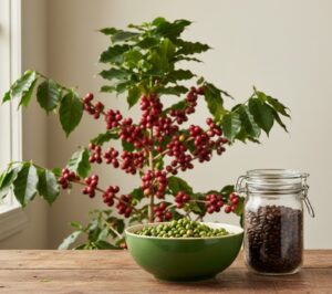 Tipi di caffè nel mondo Pianta di caffe sul tavolo chicchi di caffè verdi in ciotola e barattolo di vetro con chicchi torrefatti