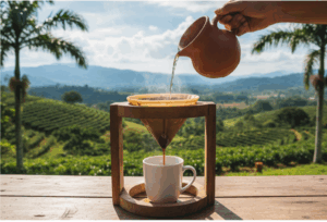 Tipi di caffè nel mondo Il choredor del Costa Rica: Struttura in legno che sorregge un filtro in stoffa, con mano che versa l'acqua calda