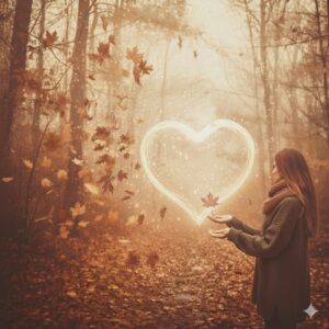 Autunno e cambiamento interiore Ragazza che guarda le foglie cadere dagli alberi, e guarda dentro il suo cuore