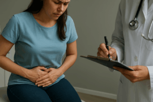 Immagine: una donna seduta in ambulatorio stringe l’addome per il dolore, simbolo della violenza sulle donne che subiscono la sottovalutazione dell’endometriosi. Il medico annota dati sulla cartella, rappresentando il divario sanitario che riflette un persistente gender gap.