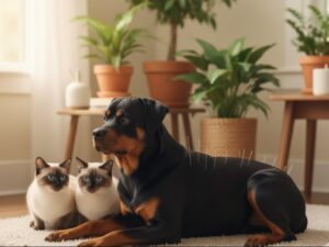 Immagine: Un cane rottweiler riceve agopuntura, mentre due gatti siamesi sono seduti accanto a lui in un ambiente domestico e luminoso. Agopuntura veterinaria per cani e gatti.