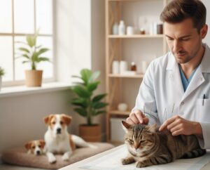 Immagine: Un veterinario pratica l'agopuntura su un gatto, mentre un cucciolo e il suo genitore canino osservano in sottofondo. Agopuntura veterinaria per cane e gatto.