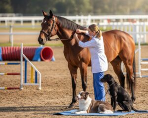 Immagine: Un veterinario pratica l'agopuntura su un cavallo da corsa in un paddock, con due cani da lavoro che osservano nelle vicinanze, circondati da ostacoli da agility e attrezzature da allenamento. Agopuntura veterinaria per cani e gatti.