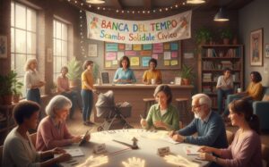 Immagine: Una vivace scena di persone di diverse età che interagiscono in un ambiente accogliente, rappresentando il calore e la solidarietà di una Banca del Tempo