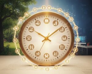 Immagine: Un orologio stilizzato con icone di servizi vari che illustra il principio di equità nello scambio di tempo, evocando l'essenza di una banca del tempo