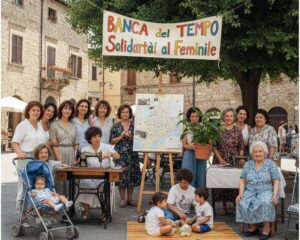 Immagine: Donne di diverse età in una piazza italiana organizzano un evento di volontariato sotto lo striscione "Banca del Tempo - Solidarietà al Femminile", simboleggiando la nascita del Time Banking in Italia.
