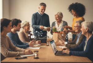 Immagine: Una scena che rappresenta la moderna "Banca del Tempo", dove persone di età diverse interagiscono sia fisicamente che digitalmente, con un mix di assegni-tempo cartacei e dispositivi che mostrano connessioni digitali e icone di app. L'atmosfera è di collaborazione e inclusione, riflettendo la resilienza comunitaria.