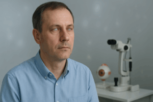 IMMAGINE: Uomo cieco adulto in uno studio medico, ritratto a mezzo busto con occhi velati e strumenti oftalmologici sullo sfondo. I lievi bagliori dietro di lui richiamano la realtà neurofisiologica: la cecità non è buio totale.