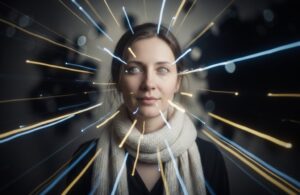 Immagine: una donna con occhi velati è ritratta in primo piano, avvolta da scie luminose che sembrano irradiarsi da lei, a evocare l’idea che la cecità non è buio assoluto ma un modo diverso di percepire la luce.