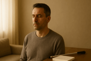 immagine: un uomo non vedente illuminato da una luce soffusa che rivela delicate percezioni visive residue; il suo volto comunica calma e consapevolezza, mostrando che la cecità non è buio assoluto