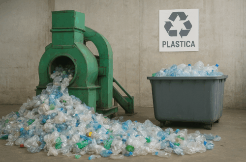 Azienda per riciclo della plastica, con macchinario che sputa bottiglie e accanto c'è un bidone