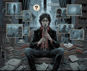 Immagine: Dylan Dog seduto tra pile di libri e giornali, suonando il clarinetto mentre figure spettrali e inquietanti lo circondano, esprimendo introspezione e mistero, Dylan Dog di Tiziano Sclavi.