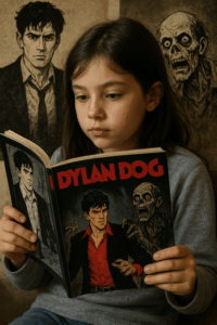 Immagine: una bambina assorta nella lettura di un fumetto di Dylan Dog, con alle spalle le figure inquietanti del protagonista e di un mostro, simbolo dell’immaginario gotico e umano tipico del fumetto Dylan Dog di Tiziano Sclavi.