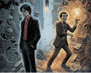 Immagine che ritrae Dylan Dog malinconico e Groucho ironico, simboleggiando la dualità e l'equilibrio tra dramma e comicità nelle storie di Dylan Dog di Tiziano Sclavi.