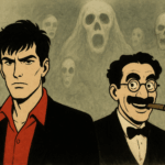 Immagine: Dylan Dog e Groucho ritratti su uno sfondo nebbioso popolato da spiriti e teschi evanescenti, in una scena dal tono gotico e misterioso tipico di Dylan Dog di Tiziano Sclavi.