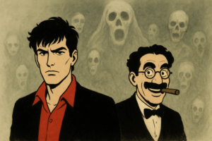 Immagine: Dylan Dog e Groucho ritratti su uno sfondo nebbioso popolato da spiriti e teschi evanescenti, in una scena dal tono gotico e misterioso tipico di Dylan Dog di Tiziano Sclavi.