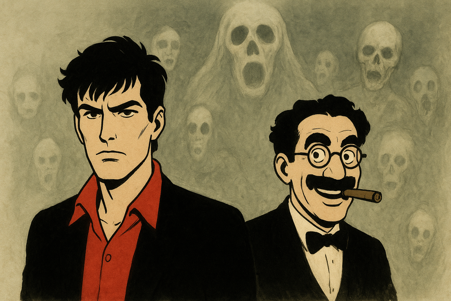 Immagine: Dylan Dog e Groucho ritratti su uno sfondo nebbioso popolato da spiriti e teschi evanescenti, in una scena dal tono gotico e misterioso tipico di Dylan Dog di Tiziano Sclavi.