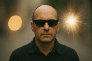 Immagine: un uomo con occhiali scuri, in primo piano, sta immobile mentre due bagliori luminosi lo circondano, a ricordare che la cecità non è buio assoluto ma percezione diversa della luce.