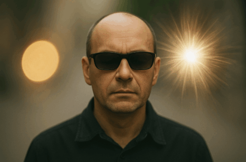 Immagine: un uomo con occhiali scuri, in primo piano, sta immobile mentre due bagliori luminosi lo circondano, a ricordare che la cecità non è buio assoluto ma percezione diversa della luce.