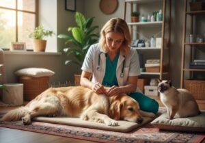 Immagine: Una veterinaria pratica l'agopuntura su un golden retriever, mentre un gatto osserva. Agopuntura veterinaria per cani e gatti