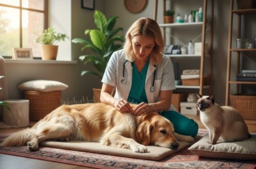 Immagine: Una veterinaria pratica l'agopuntura su un golden retriever, mentre un gatto osserva. Agopuntura veterinaria per cani e gatti