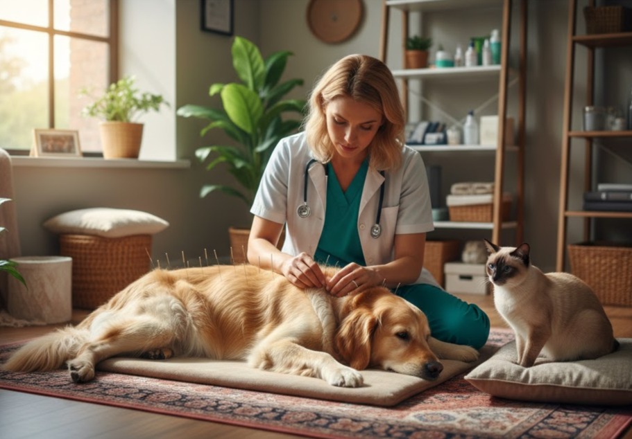 Immagine: Una veterinaria pratica l'agopuntura su un golden retriever, mentre un gatto osserva. Agopuntura veterinaria per cani e gatti