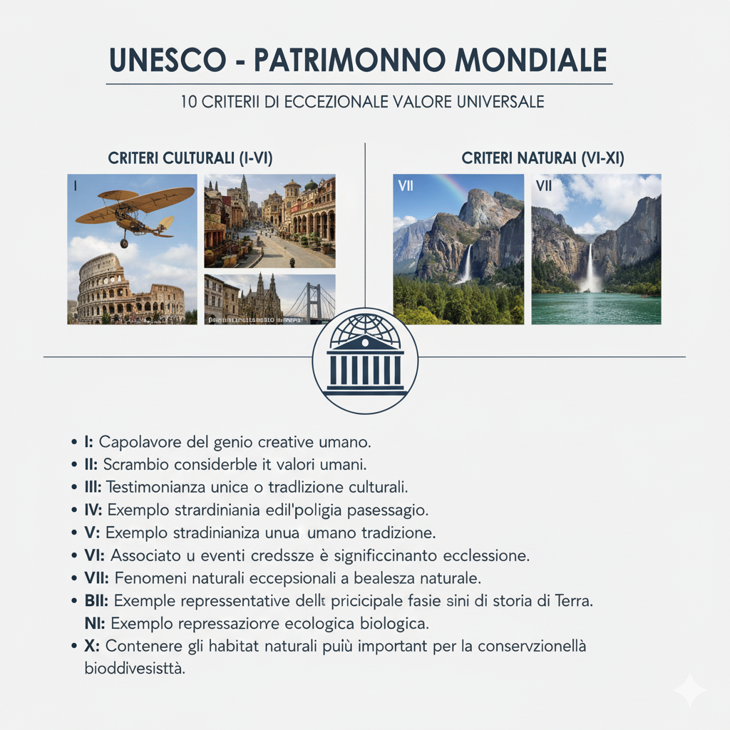 Immagine con l'elenco dei 10 criteri principali stabiliti dall'UNESCO