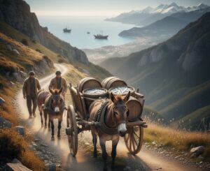 Immagine: Due uomini con muli e carri carichi di acciughe, su un sentiero di montagna che domina il mare, illustrando la storia degli acciugai piemontesi.
