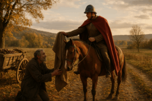 Immagine: Uomo a cavallo con elmo, che dona un mantello ad un povero in ginocchio. Sullo sfondo alberi con foglie ingiallite che rappresentano l'estate di San Martino