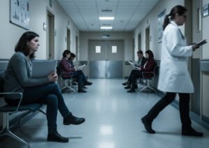 Immagine: una donna seduta in un corridoio ospedaliero stringe la sua cartella clinica, simbolo della violenza sulle donne quando il sistema sanitario sottovaluta le patologie femminili. La scena mette in evidenza l’indifferenza istituzionale e il divario di cura che generano sofferenza e ingiustizia.