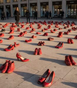 Immagine: una grande piazza ricoperta da scarpette rosse vuote, simbolo della violenza sulle donne e delle vite spezzate dai femminicidi. La scena trasmette un silenzioso memoriale collettivo che richiama l’installazione Zapatos Rojos e il significato del 25 novembre.