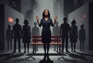 “Immagine: che rappresenta la violenza di genere come fenomeno sociale, politico ed economico. Al centro, una donna in piedi con postura dignitosa e determinata, mani leggermente alzate in gesto di richiesta di giustizia. Attorno a lei, sagome di persone in ombra, uomini e donne, che simboleggiano responsabilità collettiva e solidarietà. In primo piano catene spezzate e una panchina rossa simbolica. Sfondo urbano grigio con edifici geometrici e luce teatrale che colpisce la protagonista, ombre profonde che evocano oppressione strutturale. Dettagli sottili: simboli di salute femminile (kit medico stilizzato) e parità salariale (grafico leggero su muro). Toni desaturati, con accenti di rosso e arancione per evidenziare speranza e memoria. Prospettiva leggermente dal basso verso l’alto, composizione bilanciata, atmosfera drammatica ma con senso di resilienza e cambiamento.”