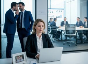 Immagine: una donna in un ufficio moderno affronta sguardi giudicanti e atteggiamenti sessisti. La scena evidenzia discriminazioni, child penalty e barriere culturali che limitano carriera e riconoscimento professionale.